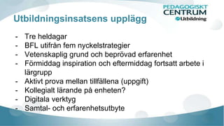 Utbildningsinsatsens upplägg 
- Tre heldagar 
- BFL utifrån fem nyckelstrategier 
- Vetenskaplig grund och beprövad erfarenhet 
- Förmiddag inspiration och eftermiddag fortsatt arbete i 
lärgrupp 
- Aktivt prova mellan tillfällena (uppgift) 
- Kollegialt lärande på enheten? 
- Digitala verktyg 
- Samtal- och erfarenhetsutbyte 
 