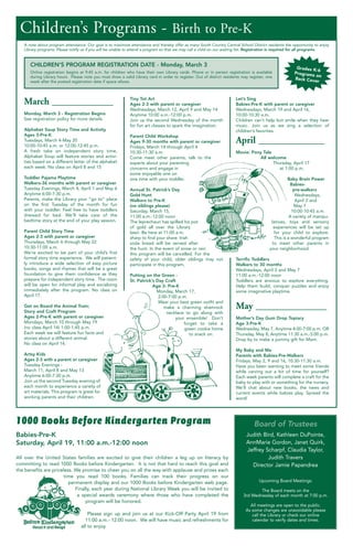 Children’s Programs - Birth to Pre-K
A note about program attendance: Our goal is to maximize attendance and thereby offer as many South Country Central School District residents the opportunity to enjoy
Library programs. Please notify us if you will be unable to attend a program so that we may call a child on our waiting list. Registration is required for all programs.

CHILDREN’S PROGRAM REGISTRATION DATE - Monday, March 3
Online registration begins at 9:45 a.m. for children who have their own Library cards. Phone or in person registration is available
during Library hours. Please note you must show a valid Library card in order to register. Out of district residents may register, one
week after the posted registration date if space allows.

March _____________
Monday, March 3 - Registration Begins
See registration policy for more details.
Alphabet Soup Story Time and Activity
Ages 3-Pre-K
Tuesdays, March 4-May 20
10:00-10:45 a.m. or 12:00-12:45 p.m.
A fresh take on independent story time,
Alphabet Soup will feature stories and activities based on a different letter of the alphabet
each week. No class on April 8 and 15
Toddler Pajama Playtime
Walkers-36 months with parent or caregiver
Tuesday Evenings, March 4, April 1 and May 6
Anytime 6:00-7:30 p.m.
Parents, make the Library your “go to” place
on the first Tuesday of the month for fun
with your toddler. Feel free to have toddlers
dressed for bed. We’ll take care of the
bedtime story at the end of your play session.
Parent Child Story Time
Ages 2-3 with parent or caregiver
Thursdays, March 6 through May 22
10:30-11:00 a.m.
We’re excited to be part of your child’s first
formal story time experience. We will patiently introduce a wide selection of easy picture
books, songs and rhymes that will be a great
foundation to give them confidence as they
prepare for independent story time. The room
will be open for informal play and socializing
immediately after the program. No class on
April 17.
Get on Board the Animal Train;
Story and Craft Program
Ages 2-Pre-K with parent or caregiver
Mondays, March 10 through May 19
(no class April 14) 1:00-1:45 p.m.
Each week we will feature fun facts and
stories about a different animal.
No class on April 14.

Grades K
-6
Programs
on
Back Cov
er

Tiny Tot Art
Ages 2-3 with parent or caregiver
Wednesdays, March 12, April 9 and May 14
Anytime 10:00 a.m.-12:00 p.m.
Join us the second Wednesday of the month
for fun art classes to spark the imagination.

Let’s Sing
Babies-Pre-K with parent or caregiver
Wednesdays, March 19 and April 16,
10:00-10:30 a.m.
Children can’t help but smile when they hear
music. Join us as we sing a selection of
children’s favorites.

Parent Child Workshop
Ages 9-30 months with parent or caregiver
Fridays, March 14 through April 4
10:30-11:30 a.m.
Come meet other parents, talk to the
experts about your parenting
concerns and engage in
some enjoyable one on
one time with your toddler.

April ______________

Annual St. Patrick’s Day
Gold Hunt
Walkers to Pre-K
(no siblings please)
Saturday, March 15,
11:00 a.m.-12:00 noon
The leprechaun has spilled his pot
of gold all over the Library
lawn. Be here at 11:00 a.m.
sharp to find your share. Irish
soda bread will be served after
the hunt. In the event of snow or rain
this program will be cancelled. For the
safety of your child, older siblings may not
participate in this program.
Putting on the Green St. Patrick’s Day Craft
Age 3- Pre-K
Monday, March 17,
2:00-7:00 p.m.
Wear your best green outfit and
make a charming shamrock
necklace to go along with
your ensemble! Don’t
forget to take a
green cookie home
to snack on.

Artsy Kids
Ages 2-3 with a parent or caregiver
Tuesday Evenings March 11, April 8 and May 13
Anytime 6:00-7:30 p.m.
Join us the second Tuesday evening of
each month to experience a variety of
art materials. This program is great for
working parents and their children.

1000 Books Before Kindergarten Program
Babies-Pre-K
Saturday, April 19, 11:00 a.m.-12:00 noon
All over the United States families are excited to give their children a leg up on literacy by
committing to read 1000 Books before Kindergarten. It is not that hard to reach this goal and
the benefits are priceless. We promise to cheer you on all the way with applause and prizes each
time you read 100 books. Families can track their progress on our
permanent display and our 1000 Books before Kindergarten web page.
Finally, each year during National Library Week you will be invited to
a special awards ceremony where those who have completed the
program will be honored.
Please sign up and join us at our Kick-Off Party April 19 from
11:00 a.m.- 12:00 noon. We will have music and refreshments for
all to enjoy.

Movie: Pony Tale
All welcome
Thursday, April 17
at 1:00 p.m.
Baby Brain Power
Babiespre-walkers
Wednesdays,
April 2 and
May 7
10:00-10:45 a.m.
A variety of manipulatives, toys and sensory
experiences will be set up
for your child to explore.
This is a wonderful program
to meet other parents in
your neighborhood.
Terrific Toddlers
Walkers to 30 months
Wednesdays, April 2 and May 7
11:00 a.m.-12:00 noon
Toddlers are anxious to explore everything.
Help them build, conquer puzzles and enjoy
some imaginative playtime.

May _______________
Mother’s Day Gum Drop Topiary
Age 3-Pre-K
Wednesday, May 7, Anytime 4:00-7:00 p.m. OR
Thursday, May 8, Anytime 11:30 a.m.-5:00 p.m.
Drop by to make a yummy gift for Mom.
My Baby and Me
Parents with Babies-Pre-Walkers
Fridays, May 2, 9 and 16, 10:30-11:30 a.m.
Have you been wanting to meet some friends
while carving out a bit of time for yourself?
Each week parents will complete a craft for the
baby to play with or something for the nursery.
We’ll chat about new books, the news and
current events while babies play. Spread the
word!

Board of Trustees
Judith Bird, Kathleen DuPointe,
AnnMarie Gordon, Janet Quirk,
Jeffrey Scharpf, Claudia Taylor,
Judith Travers
Director Jamie Papandrea
Upcoming Board Meetings:
The Board meets on the
3rd Wednesday of each month at 7:00 p.m.
All meetings are open to the public.
As some changes are unavoidable please
call the Library or check our online
calendar to verify dates and times.

 