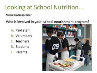 Looking at School Nutrition...
Program Management

Who is involved in your school nourishment program?

   A.   Paid staff
   B.   Volunteers
   C.   Teachers
   D.   Students
   E.   Parents
 