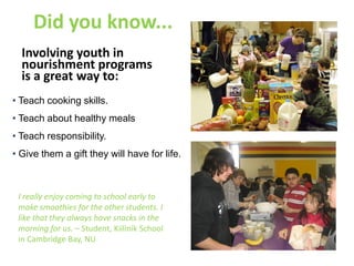 Did you know...
  Involving youth in
  nourishment programs
  is a great way to:
• Teach cooking skills.
• Teach about healthy meals
• Teach responsibility.
• Give them a gift they will have for life.



 I really enjoy coming to school early to
 make smoothies for the other students. I
 like that they always have snacks in the
 morning for us. – Student, Kiilinik School
 in Cambridge Bay, NU
 