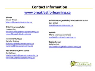 Contact Information
                      www.breakfastforlearning.ca
Alberta
Kristen Wilson                            Newfoundland/Labrador/Prince Edward Island
alberta@breakfastforlearning.ca           Lori Nikkel
                                          info@breakfastforlearning.ca
British Columbia/Yukon
Lisa Werring
britishcolumbia@breakfastforlearning.ca   Quebec
yukon@breakfastforlearning.ca             Marie-Jose Mastromonaco
                                          quebec@breakfastforlearning.ca
Manitoba/Nunavut
Daniella DeMare                           Saskatchewan
manitoba@breakfastforlearning.ca          Kelly Berlinic
nunavut@breakfastforlearning.ca           saskatchewan@breakfastforlearning.ca

New Brunswick/Nova Scotia
Bonita Green
newbrunswick@breakfastforlearning.ca
novascotia@breakfastforlearning.ca
 