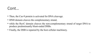 15
Cont…
• Then, the Cas-9 protein is activated for DNA cleavage.
• HNH domain cleaves the complementary strand,
• while the RuvC domain cleaves the non-complementary strand of target DNA to
produce predominantly blunt-ended DSBs.
• Finally, the DSB is repaired by the host cellular machinery.
 