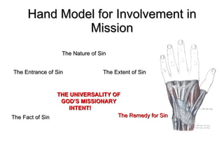 Hand Model for Involvement in Mission The Fact of Sin The Entrance of Sin The Nature of Sin The Extent of Sin The Remedy for Sin THE UNIVERSALITY OF GOD’S MISSIONARY INTENT!  