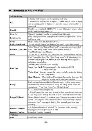 -18-
 Illustration of Add New User▼
User Record
REG
1. Single: Only one user can be registered each time.
2. Continuous: It allows you to register 1~20000 users in a time by input
user account quantity in the text box and only a chain serial numbers is
supported
User ID
User ID can be within 1~4294967295 or User ID couldn’t be save when
the ID is exceeding 4294967295
Card No Manually input card number or by read by card decoder
Employee No
Input employee number, 10 English characters is acceptable or 3 words
in Chinese only
Name User’s Name, max. 10 characters allowed.
Expire Date Check Tick the box of “Enable” or “Disable” the user’s expiry date control.
Effective From ~ TO
When “Enable” the “Expire Date Check”, you must enter the period of
dates. The” Drop Down Menu” offers you the options of
Year/Month/Date/Hour/Minute.
Status Tick the box of “Activate” or “Deactivate” for a authorization to the user.
User Type
Card Types of the User. The "Drop Down Menu" will list out cards for
Normal User, Super User, Visitor, Guard Touring. The Respective
definitions are as below :
Normal User : General access authority
Super User Card : Not constrained by the limitation of APB
( Anti Pass Back).
Visitor Card : You may manage the visitors easily by setting the Visitor
Card's Expiry Dates.
Guard Touring : When the Guard Touring card senses the door, only the
Logs will be kept but no door-open function.
Group
Each user can be assigned to 4 different groups. All the group names
existed will be automatically listed out by the "Drop Down Menu "for
your choice. "Free Time Group "is a "Default Group"
Bypass TZ Level
L1~L4 bypass time zone provide.
1. User’s bypass time zone level is equal to door setup bypass time zone
l: User may access door by the card. 2. User’s bypass time zone level is
higher than door setup’s bypass time zone: User may access door by the
card 3. User’s bypass time zone level is lower than door setup’s bypass
time zone: User’s may access door by door setup’s bypass time zone
authority.
Personal Password
4~8 digits combination is required. For commend mode, user may
registry password by pressing #UID#P#
Personal Confirm Reconfirm Personal Password.
▼
Button
Save Save User Records.
 
