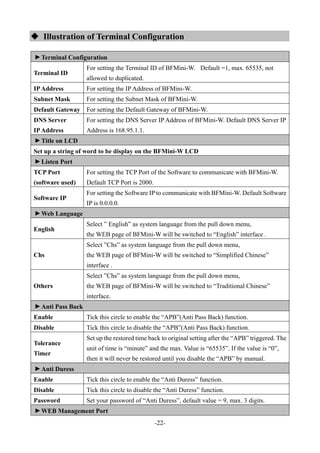 -22-
 Illustration of Terminal Configuration▼
Terminal Configuration
Terminal ID
For setting the Terminal ID of BFMini-W. Default =1, max. 65535, not
allowed to duplicated.
IPAddress For setting the IP Address of BFMini-W.
Subnet Mask For setting the Subnet Mask of BFMini-W.
Default Gateway For setting the Default Gateway of BFMini-W.
DNS Server
IPAddress
For setting the DNS Server IP Address of BFMini-W. Default DNS Server IP
Address is 168.95.1.1.
▼
Title on LCD
Set up a string of word to be display on the BFMini-W LCD
▼
Listen Port
TCP Port
(software used)
For setting the TCP Port of the Software to communicate with BFMini-W.
Default TCP Port is 2000.
Software IP
For setting the Software IP to communicate with BFMini-W. Default Software
IP is 0.0.0.0.
▼
Web Language
English
Select ” English” as system language from the pull down menu,
the WEB page of BFMini-W will be switched to “English” interface .
Chs
Select ”Chs” as system language from the pull down menu,
the WEB page of BFMini-W will be switched to “Simplified Chinese”
interface .
Others
Select ”Chs” as system language from the pull down menu,
the WEB page of BFMini-W will be switched to “Traditional Chinese”
interface.
▼
Anti Pass Back
Enable Tick this circle to enable the “APB”(Anti Pass Back) function.
Disable Tick this circle to disable the “APB”(Anti Pass Back) function.
Tolerance
Timer
Set up the restored time back to original setting after the “APB” triggered. The
unit of time is “minute” and the max. Value is “65535”. If the value is “0”,
then it will never be restored until you disable the “APB” by manual.
▼
Anti Duress
Enable Tick this circle to enable the “Anti Duress” function.
Disable Tick this circle to disable the “Anti Duress” function.
Password Set your password of “Anti Duress”, default value = 9, max. 3 digits.
▼
WEB Management Port
 