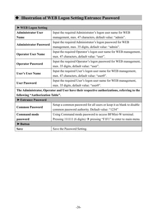 -26-
 Illustration of WEB Logon Setting/Entrance Password▼
WEB Logon Setting
Administrator User
Name
Input the required Administrator’s logon user name for WEB
management, max. 47 characters, default value: “admin”.
Administrator Password
Input the required Administrator’s logon password for WEB
management, max. 35 digits, default value: “admin”.
Operator User Name
Input the required Operator’s logon user name for WEB management,
max. 47 characters, default value: “user”.
Operator Password
Input the required Operator’s logon password for WEB management,
max. 35 digits, default value: “user”.
User’s User Name
Input the required User’s logon user name for WEB management,
max. 47 characters, default value: “user0”.
User Password
Input the required User’s logon user name for WEB management,
max. 35 digits, default value: “user0”.
The Administrator, Operator and User have their respective authorizations, referring to the
following “Authorization Table”.
▼
Entrance Password
Common Password
Setup a common password for all users or keep it as blank to disable
common password authority. Default value: “1234”
Command mode
password
Using Command mode password to access BFMini-W terminal.
Pressing 111111 (6 digits)  pressing “F1F1” to enter to main menu
▼
Button
Save Save the Password Setting.
 