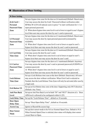 -38-
 Illustration of Door Setting▼
Door Setting
(L4) Card +
Personal
Password Time
Zone
Set up a bypass time zone for the door as L4 mentioned (Default: Deactivate).
User may access the door by Card+ Password without verification order.
BFMini-W LCD will indicate users to press * to start verification for 1:1 or
input personal password.
※ When doors bypass time zone level is set to lower or equal to user’s bypass
level then user may access the door by user’s card or password.
L3 Personal
Password Time
Zone
Set up a bypass time zone for the door as L3 mentioned (Default: Deactivate).
User may access the door by input personal password (command by
#UID#P#)
※ When door’s bypass time zone level is set to lower or equal to user’s
bypass level then user may access the door by user’s card or password.
L2 Card Only
Time Zone
Set up a bypass time zone for the door as L2 mentioned (Default: Deactivate).
User may access the door by user’s card.
※ When door’s bypass time zone level is set to lower or equal to user’s
bypass level then user may access the door by user’s card.
L1 Card or
Password Time
Zone
Set up a bypass time zone for the door as L1 mentioned (Default: Anytime).
User may access the door by user’s card or personal password (#UID#P#) or
common password.
※ When door’s bypass time zone level is set to lower or equal to user’s
bypass level then user may access the door by user’s card or password.
Lock Release
Time Zone
Set up a Lock Release time zone at the door (Default: Deactivate). All users
may access the door without verification. When First Card is selected as
Needed, then the Lock Release Time Zone will only be activated after scan by
a legal card.
Exit Button TZ
Set up an Exit Button time zone at the door. Supporting only OUT direction.
(Default: Any Time).
Anti Pass Back
Level
Set up an Anti Pass Back Level at both “IN” and “OUT” direction of a Door.
APB level is allowed to be configured within 0~255.
Lock Delay Time Set up the “Lock Release Time” , default as 10 seconds.
Door Open
Delay Time
Set up “Door Open Delay Time” , default as 10 seconds.
Access Log Ignore or Record the access logs
Door Sensor
Mode
Set up door sensor mode to be N/A or Normal Open/Close. Default is N/A.
When Normal Open/Close is selected, door status will display door sensor
circuit Short or Open.
 