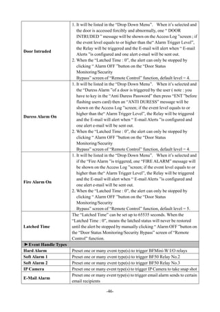 -46-
Door Intruded
1. It will be listed in the “Drop Down Menu”. When it’s selected and
the door is accessed forcibly and abnormally, one “ DOOR
INTRUDED ” message will be shown on the Access Log ”screen ; if
the event level equals to or higher than the“ Alarm Trigger Level”,
the Relay will be triggered and the E-mail will alert when “ E-mail
Alerts ”is configured and one alert e-mail will be sent out.
2. When the “Latched Time : 0”, the alert can only be stopped by
clicking “ Alarm OFF ”button on the “Door Status
Monitoring/Security
Bypass” screen of “Remote Control” function, default level = 4.
Duress Alarm On
1. It will be listed in the “Drop Down Menu”. When it’s selected and
the “Duress Alarm ”of a door is triggered by the user ( note : you
have to key in the “Anti Duress Password” then press “ENT ”before
flashing users card) then an “ANTI DURESS” message will be
shown on the Access Log ”screen; if the event level equals to or
higher than the“ Alarm Trigger Level”, the Relay will be triggered
and the E-mail will alert when “ E-mail Alerts ”is configured and
one alert e-mail will be sent out.
2. When the “Latched Time : 0”, the alert can only be stopped by
clicking “ Alarm OFF ”button on the “Door Status
Monitoring/Security
Bypass” screen of “Remote Control” function, default level = 4.
Fire Alarm On
1. It will be listed in the “Drop Down Menu”. When it’s selected and
if the “Fire Alarm ”is triggered, one “FIRE ALARM” message will
be shown on the Access Log ”screen; if the event level equals to or
higher than the“ Alarm Trigger Level”, the Relay will be triggered
and the E-mail will alert when “ E-mail Alerts ”is configured and
one alert e-mail will be sent out.
2. When the “Latched Time : 0”, the alert can only be stopped by
clicking “ Alarm OFF ”button on the “Door Status
Monitoring/Security
Bypass” screen of “Remote Control” function, default level = 5.
Latched Time
The “Latched Time” can be set up to 65535 seconds. When the
“Latched Time : 0”, means the latched status will never be restored
until the alert be stopped by manually clicking “ Alarm OFF ”button on
the “Door Status Monitoring/Security Bypass” screen of “Remote
Control” function.
▼
Event Handle Types
Hard Alarm Preset one or many event type(s) to trigger BFMini-W I/O relays
Soft Alarm 1 Preset one or many event type(s) to trigger BF50 Relay No.2
Soft Alarm 2 Preset one or many event type(s) to trigger BF50 Relay No.3
IP Camera Preset one or many event type(s) to trigger IP Camera to take snap shot
E-Mail Alarm
Preset one or many event type(s) to trigger email alarm sends to certain
email recipients
 