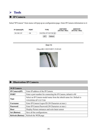 -50-
 Tools
 IP Camera
Select”IP Camera” from menu will pop up an configuration page. Enter IP Camera information to it:
 Illustration IP Camera
▼
IP Camera
IP Camera(IP) Enter IP address of the IP Camera
PORT Enter a port number for connecting the IP Camera, default is 80
Type
Select an IP Camera model name from the inbuilt name list. Default is
VIVOTEK IP7133/7330
Username Enter IP Camera Logon ID (30 Characters at max.)
Password Enter IP Camera Password (30 Characters at max.)
Door Display Picture entrances and exits latest sensor
Set (Button) Save all the configurations.
Refresh (Button) Refresh the WEB page
 