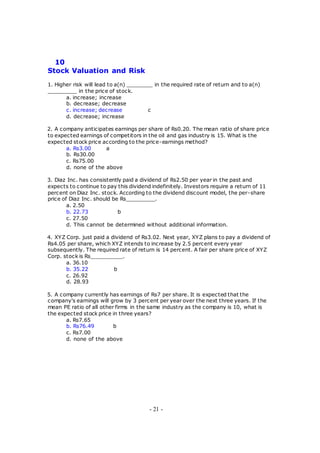 10
Stock Valuation and Risk
1. Higher risk will lead to a(n) ________ in the required rate of return and to a(n)
_________ in the price of stock.
a. increase; increase
b. decrease; decrease
c. increase; decrease c
d. decrease; increase
2. A company anticipates earnings per share of Rs0.20. The mean ratio of share price
to expected earnings of competitors in the oil and gas industry is 15. What is the
expected stock price according to the price-earnings method?
a. Rs3.00 a
b. Rs30.00
c. Rs75.00
d. none of the above
3. Diaz Inc. has consistently paid a dividend of Rs2.50 per year in the past and
expects to continue to pay this dividend indefinitely. Investors require a return of 11
percent on Diaz Inc. stock. According to the dividend discount model, the per-share
price of Diaz Inc. should be Rs_________.
a. 2.50
b. 22.73 b
c. 27.50
d. This cannot be determined without additional information.
4. XYZ Corp. just paid a dividend of Rs3.02. Next year, XYZ plans to pay a dividend of
Rs4.05 per share, which XYZ intends to increase by 2.5 percent every year
subsequently. The required rate of return is 14 percent. A fair per share price of XYZ
Corp. stock is Rs__________.
a. 36.10
b. 35.22 b
c. 26.92
d. 28.93
5. A company currently has earnings of Rs7 per share. It is expected that the
company's earnings will grow by 3 percent per year over the next three years. If the
mean PE ratio of all other firms in the same industry as the company is 10, what is
the expected stock price in three years?
a. Rs7.65
b. Rs76.49 b
c. Rs7.00
d. none of the above
- 21 -
 