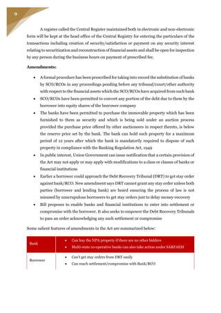 9
A register called the Central Register maintained both in electronic and non-electronic
form will be kept at the head office of the Central Registry for entering the particulars of the
transactions including creation of security/satisfaction or payment on any security interest
relating to securitization and reconstruction of financial assets and shall be open for inspection
by any person during the business hours on payment of prescribed fee.
Amendments:
 A formal procedure has been prescribed for taking into record the substitution of banks
by SCO/RCOs in any proceedings pending before any tribunal/court/other authority
with respect to the financial assets which the SCO/RCOs have acquired from such bank
 SCO/RCOs have been permitted to convert any portion of the debt due to them by the
borrower into equity shares of the borrower company
 The banks have been permitted to purchase the immovable property which has been
furnished to them as security and which is being sold under an auction process
provided the purchase price offered by other auctioneers in respect thereto, is below
the reserve price set by the bank. The bank can hold such property for a maximum
period of 12 years after which the bank is mandatorily required to dispose of such
property in compliance with the Banking Regulation Act, 1949
 In public interest, Union Government can issue notification that a certain provision of
the Act may not apply or may apply with modifications to a class or classes of banks or
financial institutions
 Earlier a borrower could approach the Debt Recovery Tribunal (DRT) to get stay order
against bank/RCO. New amendment says DRT cannot grant any stay order unless both
parties (borrower and lending bank) are heard ensuring the process of law is not
misused by unscrupulous borrowers to get stay orders just to delay money-recovery
 Bill proposes to enable banks and financial institutions to enter into settlement or
compromise with the borrower. It also seeks to empower the Debt Recovery Tribunals
to pass an order acknowledging any such settlement or compromise
Some salient features of amendments in the Act are summarized below:
Bank
 Can buy the NPA property if there are no other bidders
 Multi-state co-operative banks can also take action under SARFAESI
Borrower
 Can’t get stay orders from DRT easily
 Can reach settlement/compromise with Bank/RCO
 