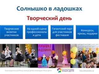 Солнышко в ладошках 
Творческий день 
Творческие 
визитки 
участников 
На одной сцене 
профессионалы 
и дети 
Гигантский торт 
для участников 
фестиваля 
Конкурсы, 
призы, подарки 
Благотворительный Фонд помощи детям-инвалидам «Наши дети» http://bfnashideti.ru/ 
 