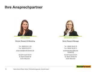 Ihre Ansprechpartner
SONJA KNAB SMARANDA DANCU
BurdaForward GmbH
St.-Martin-Straße 66
81541 München
sonja.knab@burda-forward.de
BurdaForward GmbH
St.-Martin-Straße 66
81541 München
Tel.: 089/92 50-12 69
Fax: 089/92 50-28 51
Tel.: 089/92 50-29 76
Fax: 089/92 50-28 51
Senior Research ManagerDirector Research & Marketing
smaranda.dancu@burda-
forward.de
Native Brand Effects Sixtus | Werbewirkungsstudie | BurdaForward10
 