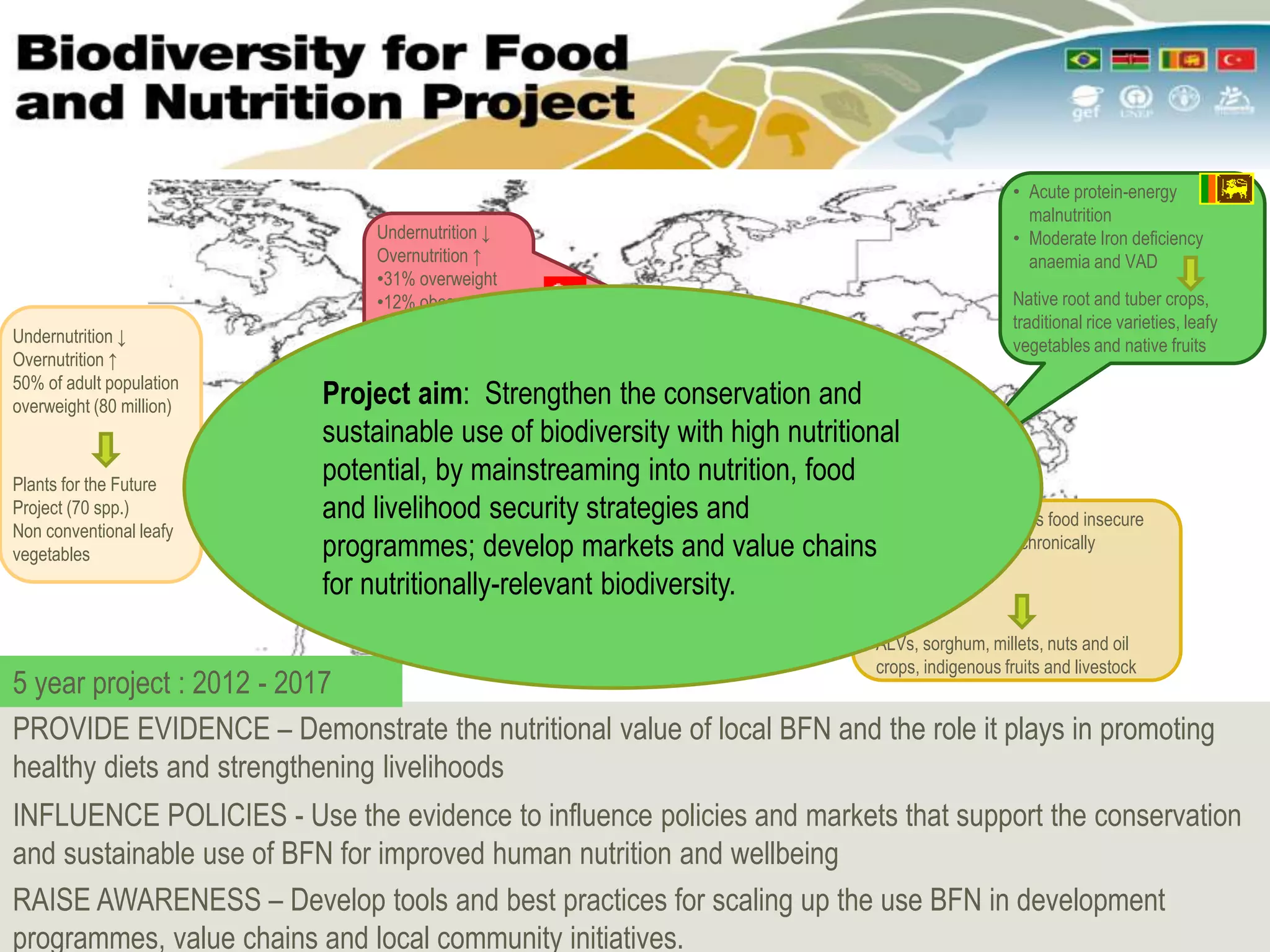 PROVIDE EVIDENCE – Demonstrate the nutritional value of local BFN and the role it plays in promoting
healthy diets and strengthening livelihoods
INFLUENCE POLICIES - Use the evidence to influence policies and markets that support the conservation
and sustainable use of BFN for improved human nutrition and wellbeing
RAISE AWARENESS – Develop tools and best practices for scaling up the use BFN in development
programmes, value chains and local community initiatives.
•1/3 of the population is food insecure
•1.8 million children chronically
undernourished
ALVs, sorghum, millets, nuts and oil
crops, indigenous fruits and livestock
Undernutrition ↓
Overnutrition ↑
50% of adult population
overweight (80 million)
Plants for the Future
Project (70 spp.)
Non conventional leafy
vegetables
Undernutrition ↓
Overnutrition ↑
•31% overweight
•12% obese
28 spp. local edible
plant species
• Acute protein-energy
malnutrition
• Moderate Iron deficiency
anaemia and VAD
Native root and tuber crops,
traditional rice varieties, leafy
vegetables and native fruits
5 year project : 2012 - 2017
Project aim: Strengthen the conservation and
sustainable use of biodiversity with high nutritional
potential, by mainstreaming into nutrition, food
and livelihood security strategies and
programmes; develop markets and value chains
for nutritionally-relevant biodiversity.
 