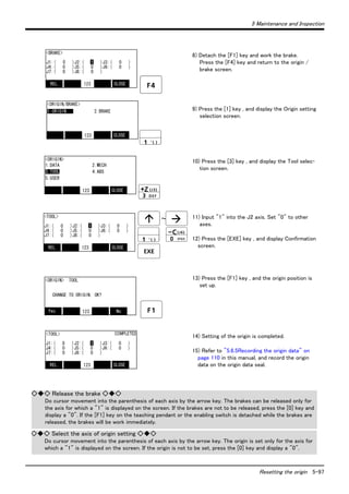 5 Maintenance and Inspection 
8) Detach the [F1] key and work the brake. 
Press the [F4] key and return to the origin / 
brake screen. 
9) Press the [1] key , and display the Origin setting 
Resetting the origin 5-97 
selection screen. 
10) Press the [3] key , and display the Tool selec-tion 
screen. 
11) Input "1" into the J2 axis. Set "0" to other 
axes. 
12) Press the [EXE] key , and display Confirmation 
screen. 
13) Press the [F1] key , and the origin position is 
set up. 
14) Setting of the origin is completed. 
15) Refer to "5.6.5Recording the origin data" on 
page 110 in this manual, and record the origin 
data on the origin data seal. 
<BRAKE> 
0 
1 
J1:( )J2:( 0 )J3:( 0 ) 
J4:( 0 )J5:( 0 )J6:( 0 ) 
J7:( 0 )J8:( 0 ) 
REL. 123 CLOSE 
<ORIGIN/BRAKE> 
1.ORIGIN 2.BRAKE 
123 CLOSE 
<ORIGIN> 
1.DATA 2.MECH 
3.TOOL 4.ABS 
5.USER 
123 CLOSE 
～ 
SPACE 
<TOOL> 
0 1 
J1:( 1 )J2:( 0 )J3:( 0 ) 
J4:( 0 )J5:( 0 )J6:( 0 ) 
J7:( 0 )J8:( 0 ) 
REL. 123 CLOSE 
<ORIGIN> TOOL 
CHANGE TO ORIGIN. OK? 
Yes 123 No 
<TOOL> 
0 
COMPLETED 
1 
J1:( 1 )J2:( 0 )J3:( 0 ) 
J4:( 0 )J5:( 0 )J6:( 0 ) 
J7:( 0 )J8:( 0 ) 
REL. 123 CLOSE 
◇◆◇ Release the brake ◇◆◇ 
Do cursor movement into the parenthesis of each axis by the arrow key. The brakes can be released only for 
the axis for which a "1" is displayed on the screen. If the brakes are not to be released, press the [0] key and 
display a "0". If the [F1] key on the teaching pendant or the enabling switch is detached while the brakes are 
released, the brakes will be work immediately. 
◇◆◇ Select the axis of origin setting ◇◆◇ 
Do cursor movement into the parenthesis of each axis by the arrow key. The origin is set only for the axis for 
which a "1" is displayed on the screen. If the origin is not to be set, press the [0] key and display a "0". 
 