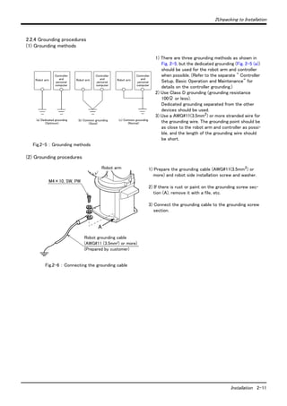 2Unpacking to Installation 
Installation 2-11 
2.2.4 Grounding procedures 
(1) Grounding methods 
1) There are three grounding methods as shown in 
Fig. 2-5, but the dedicated grounding (Fig. 2-5 (a)) 
should be used for the robot arm and controller 
when possible. (Refer to the separate " Controller 
Setup, Basic Operation and Maintenance" for 
details on the controller grounding.) 
2) Use Class D grounding (grounding resistance 
100Ω or less). 
Dedicated grounding separated from the other 
devices should be used. 
3) Use a AWG#11(3.5mm2) or more stranded wire for 
the grounding wire. The grounding point should be 
as close to the robot arm and controller as possi-ble, 
and the length of the grounding wire should 
be short. 
Robot arm 
Controller 
and 
personal 
computer 
(a) Dedicated grounding 
(Optimum) 
(b) Co mmon grounding 
(Good) 
Fig.2-5 ： Grounding methods 
(2) Grounding procedures 
1) Prepare the grounding cable (AWG#11(3.5mm2) or 
more) and robot side installation screw and washer. 
2) If there is rust or paint on the grounding screw sec-tion 
(A), remove it with a file, etc. 
3) Connect the grounding cable to the grounding screw 
section. 
(c) Common grounding 
Robot arm 
Fig.2-6 ： Connecting the grounding cable 
(Normal) 
Robot arm 
Controller 
and 
personal 
computer 
Robot arm 
Controller 
and 
personal 
computer 
M4×10, SW, PW 
A 
Robot grounding cable 
(AWG#11 (3.5mm2) or more) 
(Prepared by customer) 
 