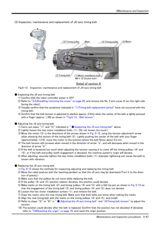 5Maintenance and Inspection 
(3) Inspection, maintenance and replacement of J5-axis timing belt 
A 
<5>Timing pulley Mark <4>Timing pulley <3>Motor 
a 
b 
<2>Timing belt <1>Motor installation bolt 
M4×12（Socket bolt） 
Detail of section A 
Fig.5-12 ： Inspection, maintenance and replacement of J5-axis timing belt 
Maintenance and inspection procedures 5-67 
■ Inspecting the J5 axis timing belt 
1) Confirm that the robot controller power is OFF. 
2) Refer to "5.3.2Installing/removing the cover" on page 58, and remove the No. 2 arm cover A (on the right side 
facing the robot). 
3) Visually confirm that the symptoms indicated in "(1)Timing belt replacement period" have not occurred with the 
timing belt. 
4) Confirm that the belt tension is adjusted to slacken approx. 2.3mm when the center of the belt is lightly pressed 
with a finger (approx. 1.3N) as shown in "Fig.5-13 ： Belt tension". 
■ Adjusting the J5 axis timing belt 
1) Carry out steps "1)" and "2)" indicated in " ■ Inspecting the J5 axis timing belt" above. 
2) Lightly loosen the two motor installation bolts <1>. (Do not loosen too much.) 
3) Move the motor <3> in the directions of the arrows shown in Fig. 5-12, using the tension adjustment screw 
while checking the tension of the timing belt <2>. Lightly pushing the center of the belt with your finger 
(approximately 1.3 N), move the motor to the position where the belt flexes about 2.3 mm. 
4) The belt tension will increase when moved in the direction of arrow "a", and will decrease when moved in the 
direction of arrow "b". 
5) If the belt is loosened too much when adjusting the tension causing it to come off the timing pulleys <4> and 
<5>, or if the belt and pulley teeth engagement is deviated, the machine system's origin will deviate. 
6) After adjusting, securely tighten the two motor installation bolts <1>. Improper tightening can cause the belt to 
loosen with vibration. 
■ Replacing the J5 axis timing belt 
1) Fig. 5-12 shows the methods for inspecting, adjusting and replacing the timing belt. 
2) Move the robot posture with the teaching pendant so that the J5 axis may be downward.(Turn it to the direc-tion 
of gravity.) 
3) Make sure that the pulleys do not move while replacing the belt. 
4) If the pulley <4> and <5> position relation deviates, the position could deviate. 
5) Make marks on the timing belt <2> and timing pulleys <4> and <5> with a felt-tip pen as shown in Fig. 5-12 so 
that the engagement of the timing belt <2> and timing pulleys <4> and <5> does not deviate. 
6) Loosen the two motor installation screws <1>, and remove the belt. 
7) Copy the marks onto the new timing belt. Make sure that both belts are tense when making the marks. 
8) Align the new timing belt with the marks on the timing pulleys <4> and <5>, and install. 
9) Refer to steps "3)" to "6)" in " ■ Adjusting the J5 axis timing belt" and "(4)Timing belt tension" to adjust the 
tension. 
10) The position could deviate after the belt is replaced. Confirm that the position has not deviated. If deviated, 
refer to "5.6Resetting the origin" on page 76, and reset the origin position. 
 