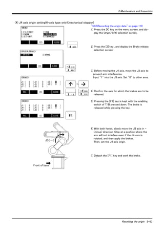 5 Maintenance and Inspection 
Resetting the origin 5-83 
(4) J4 axis origin setting(6-axis type only)(mechanical stopper) 
"5.6.5Recording the origin data" on page 110 
1) Press the [4] key on the menu screen, and dis-play 
the Origin/BRK selection screen. 
2) Press the [2] key , and display the Brake release 
selection screen. 
3) Before moving the J4 axis, move the J3 axis to 
prevent arm interference. 
Input "1" into the J3 axis. Set "0" to other axes. 
4) Confirm the axis for which the brakes are to be 
released. 
5) Pressing the [F1] key is kept with the enabling 
switch of T/B pressed down. The brake is 
released while pressing the key. 
6) With both hands, slowly move the J3 axis in - 
(minus) direction. Stop at a position where the 
arm will not interfere even if the J4 axis is 
rotated, and then apply the brakes. 
Then, set the J4 axis origin. 
7) Detach the [F1] key and work the brake. 
～ 
SPACE 
1.FILE/EDIT 2.RUN 
3.PARAM. 4.ORIGIN/BRK 
5.SET/INIT. 6.ENHANCED 
　 123 CLOSE 
<ORIGIN/BRAKE> 
1.ORIGIN 2.BRAKE 
123 CLOSE 
J3（－） 
<MENU>　　 　 
Front of base 
<BRAKE> 
J1:( 0 )J2:( 0 )J3:( 1 ) 
J4:( 0 )J5:( 0 )J6:( 0 ) 
J7:( 0 )J8:( 0 ) 
REL. 123 CLOSE 
<BRAKE> 
J1:( 0 )J2:( 0 )J3:( 1 ) 
J4:( 0 )J5:( 0 )J6:( 0 ) 
J7:( 0 )J8:( 0 ) 
REL. 123 CLOSE 
 