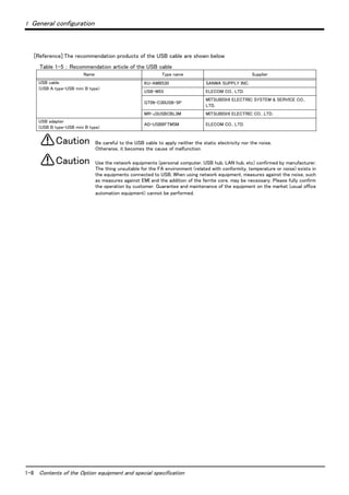 1-8 Contents of the Option equipment and special specification
1 General configuration
[Reference]:The recommendation products of the USB cable are shown below
Table 1-5 ： Recommendation article of the USB cable
Be careful to the USB cable to apply neither the static electricity nor the noise.
Otherwise, it becomes the cause of malfunction.
Use the network equipments (personal computer, USB hub, LAN hub, etc) confirmed by manufacturer.
The thing unsuitable for the FA environment (related with conformity, temperature or noise) exists in
the equipments connected to USB. When using network equipment, measures against the noise, such
as measures against EMI and the addition of the ferrite core, may be necessary. Please fully confirm
the operation by customer. Guarantee and maintenance of the equipment on the market (usual office
automation equipment) cannot be performed.
Name Type name Supplier
USB cable
(USB A type-USB mini B type)
KU-AMB530 SANWA SUPPLY INC.
USB-M53 ELECOM CO., LTD.
GT09-C30USB-5P
MITSUBISHI ELECTRIC SYSTEM & SERVICE CO.,
LTD.
MR-J3USBCBL3M MITSUBISHI ELECTRIC CO., LTD.
USB adapter
(USB B type-USB mini B type)
AD-USBBFTM5M ELECOM CO., LTD.
Caution
Caution
 