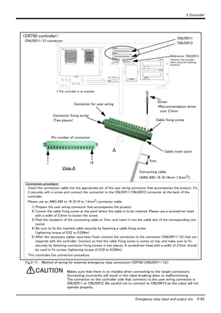 3 Controller
Emergency stop input and output etc. 3-63
Fig.3-11 ： Method of wiring for external emergency stop connection (CR750 (CNUSR11/12))
Makes sure that there is no mistake when connecting to the target connectors.
Connecting incorrectly will result in the robot breaking down or malfunctioning.
The connector on the controller side that connects to the user wiring connector is
CNUSR11 or CNUSR12. Be careful not to connect to CNUSR13 as the robot will not
operate properly.
<CR750 controller>
CNUSR11/12 connector
CNUSR11
CNUSR12
Driver
*Recommendation driver
size: 2.5mm.
Cable fixing screw
Cable insert point
7mm
A
View A
161
Connector fixing screw
(Two places)
Pin number of connector
Connecting cable
(AWG #26-16 (0.14mm-1.5mm2
))
Connection procedure
Insert the connection cable into the appropriate pin of the user wiring connector that accompanies the product. Fix
it securely with a screw and connect the connector to the CNUSR11/CNUSR12 connector at the back of the
controller.
Please use an AWG #26 to 16 (0.14 to 1.5mm2) connector cable.
1) Prepare the user wiring connector that accompanies the product.
2) Loosen the cable fixing screw at the point where the cable is to be inserted. Please use a screwdriver head
with a width of 2.5mm to loosen the screw.
3) Peel the insulation of the connecting cable to 7mm, and insert it into the cable slot of the corresponding con-
nector.
4) Be sure to fix the inserted cable securely by fastening a cable fixing screw.
(tightening torque of 0.22 to 0.25Nm)
5) After the necessary cables save been fixed, connect the connector to the connector (CNUSR11/12) that cor-
responds with the controller. Connect so that the cable fixing screw is comes on top, and make sure to fix
securely by fastening connector fixing screws in two places. A screwdriver head with a width of 2.5mm should
be used to fix screws (tightening torque of 0.22 to 0.25Nm).
This concludes the connection procedure.
Connector for user wiring
Reference: CNUSR13
(Connect the encoder,
when using the tracking
function)
* The controller is an example.
CAUTION
 