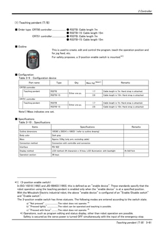 3 Controller
Teaching pendant (T/B) 3-81
(1) Teaching pendant (T/B)
■ Order type: CR750 controller......................... ● R32TB: Cable length 7m
● R32TB-15: Cable length 15m
CR751 controller......................... ● R33TB: Cable length 7m
● R33TB-15: Cable length 15m
■ Outline
This is used to create, edit and control the program, teach the operation position and
for jog feed, etc.
For safety proposes, a 3-position enable switch is mounted.*1)
■ Configuration
Table 3-9 ： Configuration device
■ Specifications
Table 3-10 ： Specifications
*1) <3-position enable switch>
In ISO/10218 (1992) and JIS-B8433 (1993), this is defined as an "enable device". These standards specify that the
robot operation using the teaching pendant is enabled only when the "enable device" is at a specified position.
With the Mitsubishi Electric industrial robot, the above "enable device" is configured of an "Enable/Disable switch"
and "Enable switch".
The 3-position enable switch has three statuses. The following modes are entered according to the switch state.
a) "Not pressed" ..........................The robot does not operate. *)
b) "Pressed lightly".....................The robot can be operated and teaching is possible.
c) "Pressed with force" ............The robot does not operate. *)
*) Operations, such as program editing and status display, other than robot operation are possible.
Safety is secured as the servo power is turned OFF simultaneously with the input of the emergency stop.
Part name Type Qty. Mass (kg) Note1)
Note1) Mass indicates one set.
Remarks
CR750 controller
Teaching pendant R32TB
Either one pc.
1.7 Cable length is 7m. Hand strap is attached.
R32TB-15 2.8 Cable length is 15m. Hand strap is attached.
CR751 controller
Teaching pendant R33TB
Either one pc.
1.7 Cable length is 7m. Hand strap is attached.
R33TB-15 2.8 Cable length is 15m. Hand strap is attached.
Items Specifications Remarks
Outline dimensions 195(W) x 292(H) x 106(D) (refer to outline drawing)
Body color Dark gray
Mass Approx. 0.9kg (only arm, excluding cable)
Connection method Connection with controller and connector.
Interface RS-422
Display method LCD method: 24 characters x 8 lines, LCD illumination: with backlight At 8x8 font
Operation section 36 keys
 