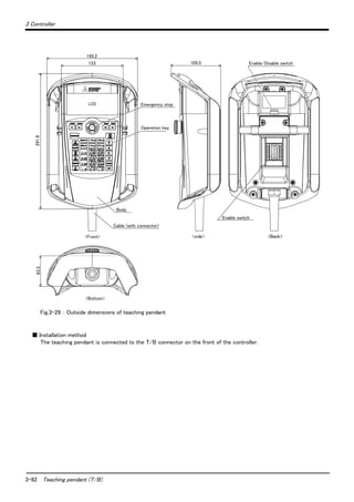 3-82 Teaching pendant (T/B)
3 Controller
Fig.3-29 ： Outside dimensions of teaching pendant
■ Installation method
The teaching pendant is connected to the T/B connector on the front of the controller.
Enable/Disable switch
Emergency stop
Enable switch
Operetion key
Body
Cable (with connector)
<Back>
<Bottom>
63.5
<Front>
LCD
291.9
195.2
133
<side>
105.5
 