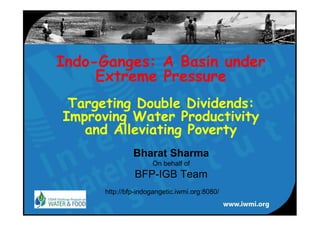 Indo-Ganges: A Basin under
     Extreme Pressure
 Targeting Double Dividends:
Improving Water Productivity
   and Alleviating Poverty
               Bharat Sharma
                     On behalf of
               BFP-IGB Team
      http://bfp-indogangetic.iwmi.org:8080/
 