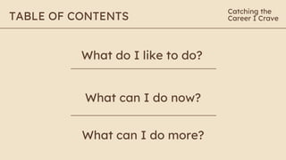 TABLE OF CONTENTS
Catching the
Career I Crave
What do I like to do?
What can I do now?
What can I do more?
 