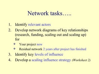 Network tasks…..
1. Identify relevant actors
2. Develop network diagrams of key relationships
   (research, funding, scaling out and scaling up)
   for
      Your project now
      Residual network 2 years after project has finished
3. Identify key levels of influence
4. Develop a scaling influence strategy (Worksheet 2)
 