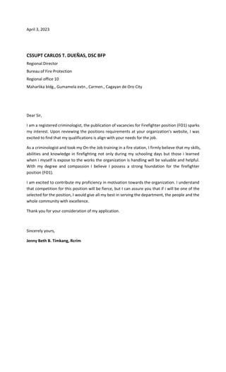 application letter address to regional director bfp