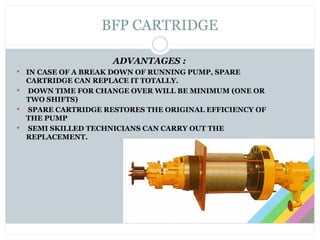 BFP CARTRIDGE
ADVANTAGES :
 IN CASE OF A BREAK DOWN OF RUNNING PUMP, SPARE
CARTRIDGE CAN REPLACE IT TOTALLY.
 DOWN TIME FOR CHANGE OVER WILL BE MINIMUM (ONE OR
TWO SHIFTS)
 SPARE CARTRIDGE RESTORES THE ORIGINAL EFFICIENCY OF
THE PUMP
 SEMI SKILLED TECHNICIANS CAN CARRY OUT THE
REPLACEMENT.
 