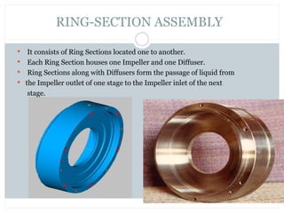  It consists of Ring Sections located one to another.
 Each Ring Section houses one Impeller and one Diffuser.
 Ring Sections along with Diffusers form the passage of liquid from
 the Impeller outlet of one stage to the Impeller inlet of the next
stage.
RING-SECTION ASSEMBLY
 