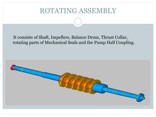 It consists of Shaft, Impellers, Balance Drum, Thrust Collar,
rotating parts of Mechanical Seals and the Pump Half Coupling.
ROTATING ASSEMBLY
 