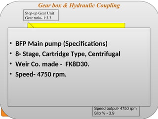 Deliver Your Presentation
Broadcast and compress for seamless delivery
MOTOR
To D/A
Suction v/v
Strainer
R/C v/v
NRV
Discharge v/v
Transfer line
Booster
Pump
Main
Pump
Gear box
&
Hydraulic
coupling
D/A
To BFP Discharge
Transfer line vent
Booster p/p casing vent
Suction Line
drain
R/C line vent
R/C line drain
Main p/p
casing drain
Disc. Line
drain
BFP Line Diagram
BP
casing
drain
Booster Pump (Specifications)
Single Stage Centrifugal Type
Manufacturer- Wier P/P’s Ltd.
Speed- 1485 rpm.
Motor (Specifications)
6.6 KV, Induction Motor
Power- 3.5 MW, Current- 360 Amp.
Speed- 1485 rpm.
Lub oil p/p
Working oil p/p
Lube oil tank
Hydraulic coupling
Speed output- 4750 rpm
Slip % - 3.9
1 2
3
4 5 6 7 8 9
10
Scoop tube
Step-up Gear Unit
Gear ratio- 1:3.3
Gear box & Hydraulic Coupling
• BFP Main pump (Specifications)
• 8- Stage, Cartridge Type, Centrifugal
• Weir Co. made - FK8D30.
• Speed- 4750 rpm.
 