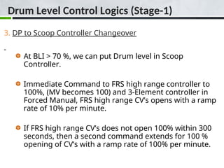 Drum Level Control Logics (Stage-1)
3. DP to Scoop Controller Changeover
At BLI > 70 %, we can put Drum level in Scoop
Controller.
Immediate Command to FRS high range controller to
100%, (MV becomes 100) and 3-Element controller in
Forced Manual, FRS high range CV’s opens with a ramp
rate of 10% per minute.
If FRS high range CV’s does not open 100% within 300
seconds, then a second command extends for 100 %
opening of CV’s with a ramp rate of 100% per minute.
 