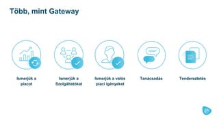 Ismerjük a
piacot
Ismerjük a
Szolgáltatókat
Ismerjük a valós
piaci igényeket
Tanácsadás Tendereztetés
Több, mint Gateway
 