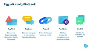 PayAlert PayAdmin
Üzletmenet-
folytonosság és
hibamentes fizetési
folyamatok
Egyedi szolgáltatások
Átlátható
tranzakció
menedzsment és
riporting rendszer
PayBill
Fizetés és
számlázás egy
lépsben
Szakértő támogatás
az elektronikus
fizetések világában
PayCons
Online fizetés akár
webshop nélkül
PayLink
 
