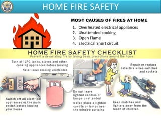 MOST CAUSES OF FIRES AT HOME
1. Overheated electrical appliances
2. Unattended cooking
3. Open Flame
4. Electrical Short circuit
HOME FIRE SAFETY
 