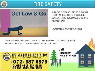 FIRE SAFETY
IF THERE IS SMOKE , GET LOW TO THE
FLOOR WHERE THERE IS OXYGEN,
EVACUATE THE BUILDING, GO TO THE
NEAREST EXIT
REMEMBER: HEATED AIR RISES
ONCE OUTSIDE, NEVER GO BACK TO THE BURNING BUILDING FOR YOUR
VALUABLES OR PET, CALL THE NEAREST FIRE STATION
NEAREST
FIRE STATION
call
 