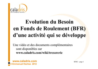 Evolution du Besoin
  en Fonds de Roulement (BFR)
  d’une activité qui se développe
  Une vidéo et des documents complémentaires
   sont disponibles sur
   www.caladris.com/wiki/tresorerie

 www.caladris.com                              BFR2 – page 1
© Emmanuel Hachez 2012
 