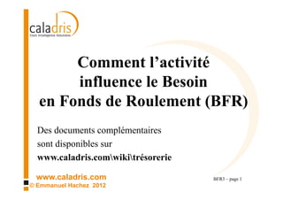 Comment l’activité
       influence le Besoin
  en Fonds de Roulement (BFR)
  Des documents complémentaires
    sont disponibles sur
    www.caladris.com/wiki/tresorerie

 www.caladris.com                      BFR3 – page 1
© Emmanuel Hachez 2012
 