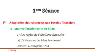 IV – Adaptation des ressources aux besoins financiers
A- Analyse fonctionnelle du bilan
1) Les règles de l'équilibre financier
a) L’élaboration du bilan fonctionnel
Activité : L’entreprise ANIA
(COURS )
 