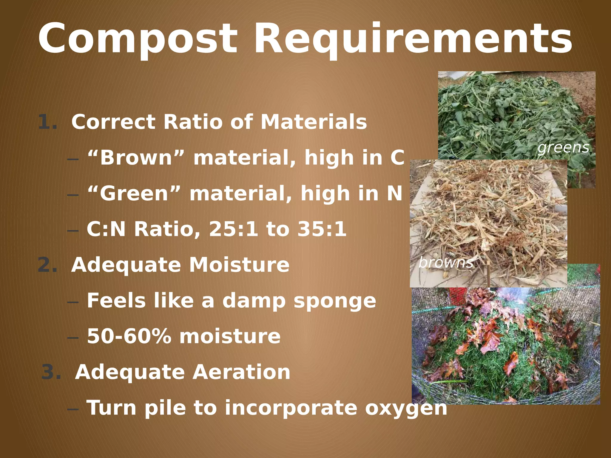 Compost Requirements
1. Correct Ratio of Materials
– “Brown” material, high in C
– “Green” material, high in N
– C:N Ratio, 25:1 to 35:1
2. Adequate Moisture
– Feels like a damp sponge
– 50-60% moisture
3. Adequate Aeration
– Turn pile to incorporate oxygen
greens
browns
 