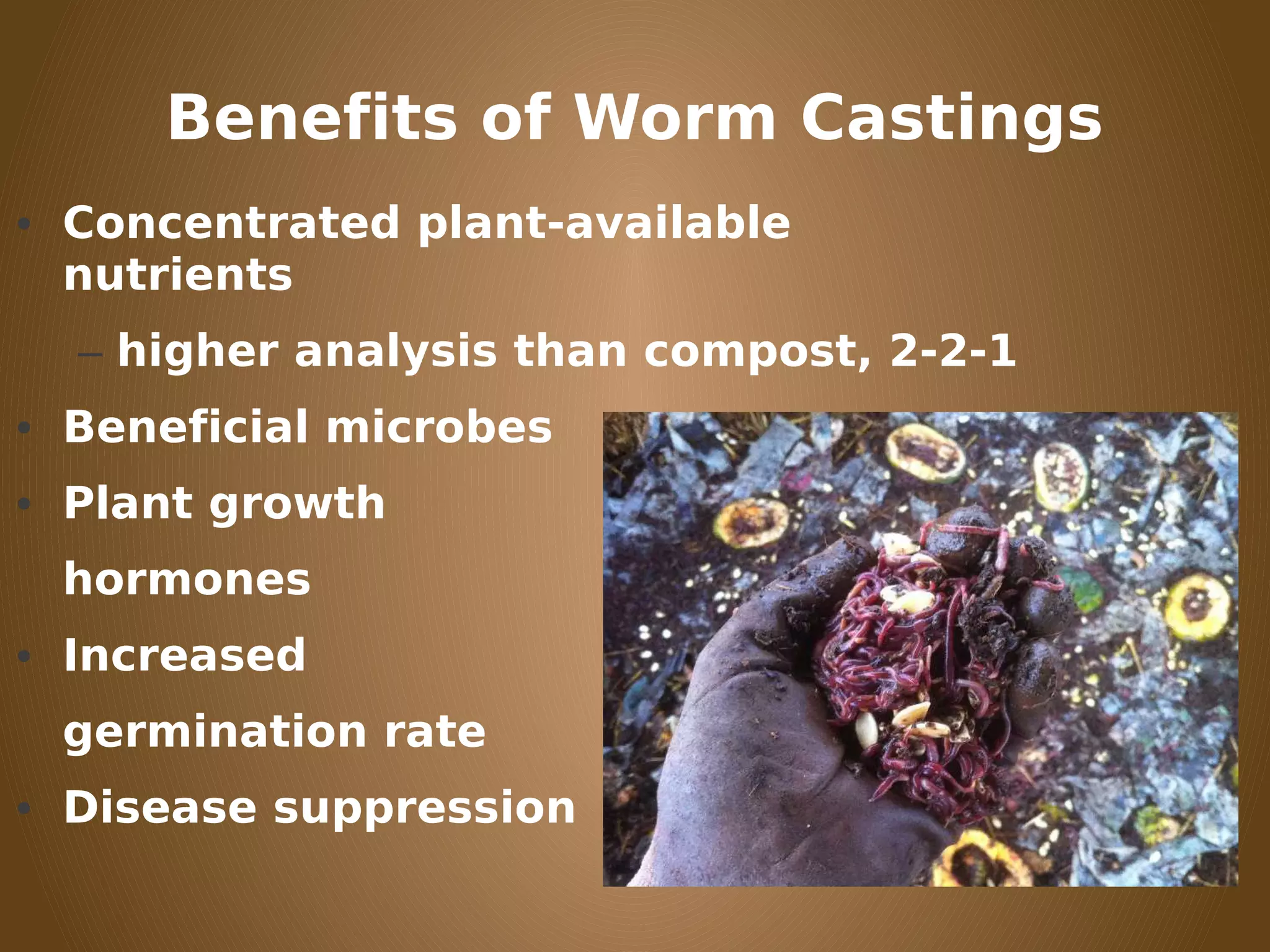 Benefits of Worm Castings
• Concentrated plant-available
nutrients
– higher analysis than compost, 2-2-1
• Beneficial microbes
• Plant growth
hormones
• Increased
germination rate
• Disease suppression
 