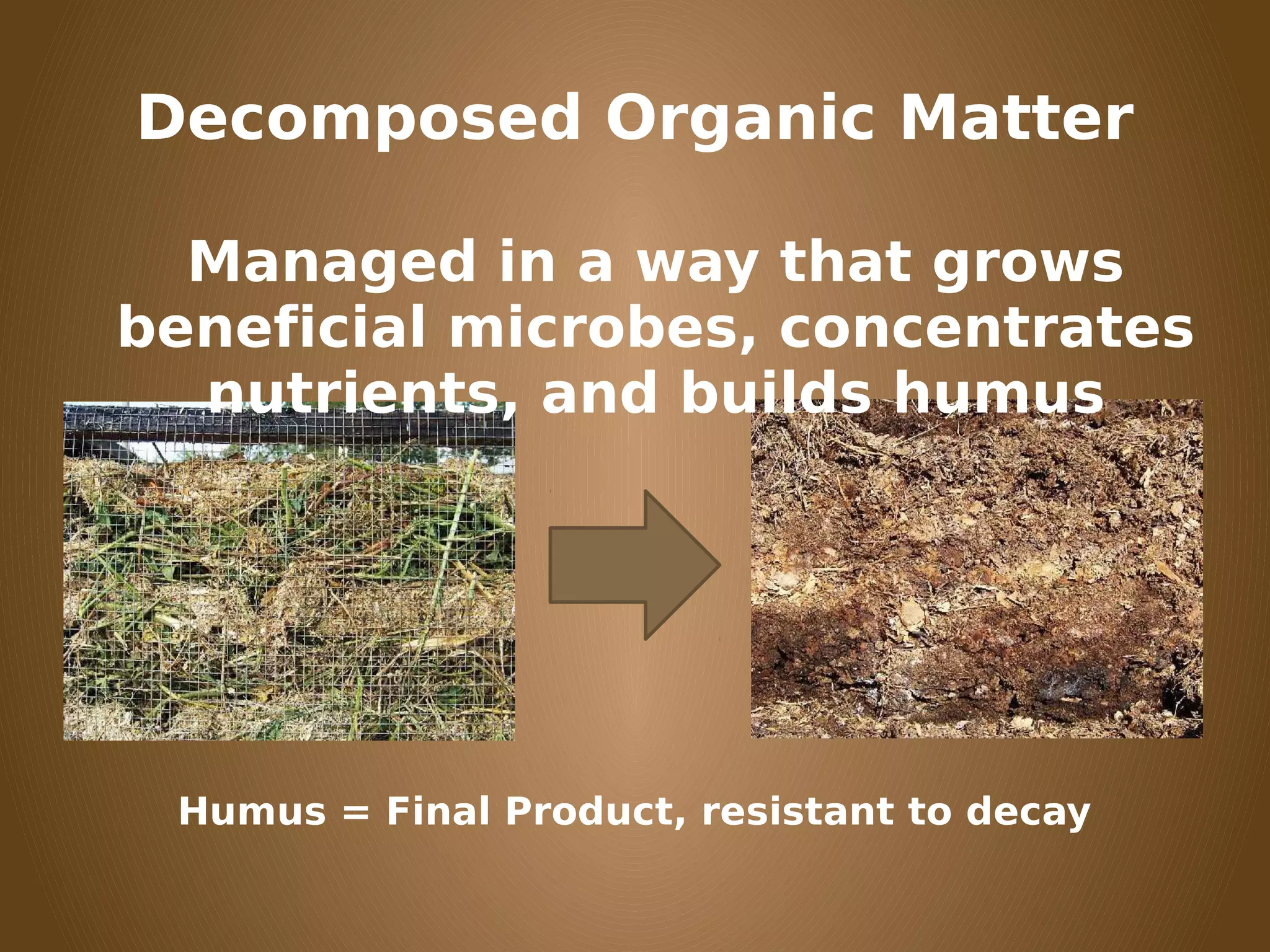 Decomposed Organic Matter
Humus = Final Product, resistant to decay
Managed in a way that grows
beneficial microbes, concentrates
nutrients, and builds humus
 