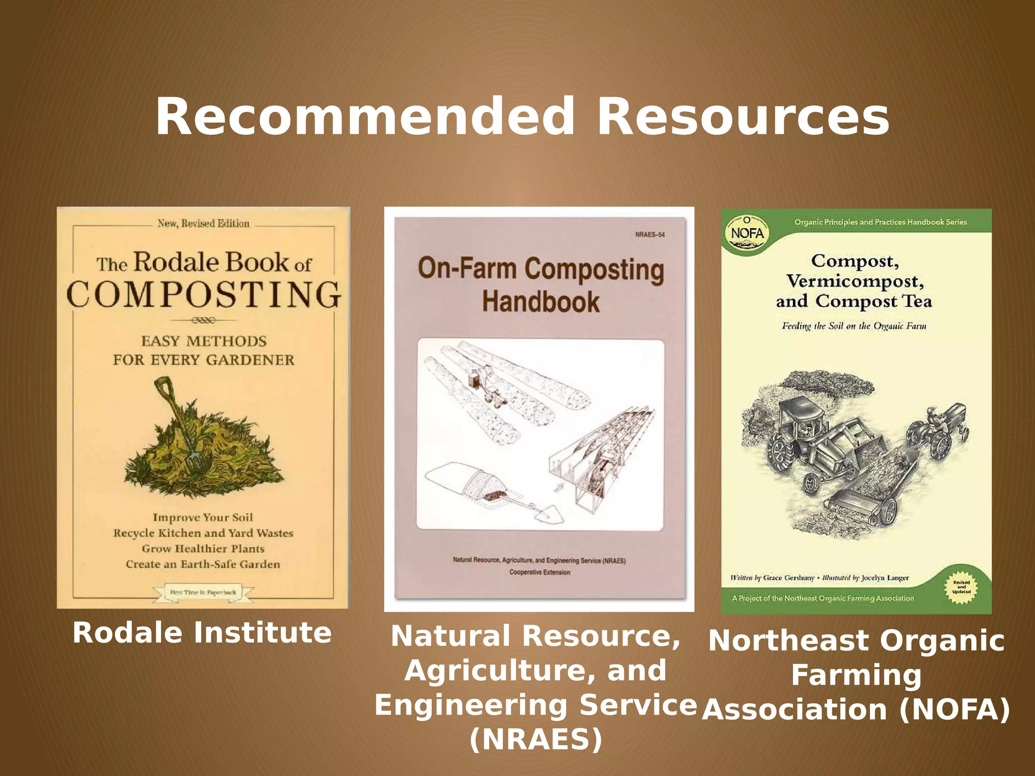 Recommended Resources
Rodale Institute Natural Resource,
Agriculture, and
Engineering Service
(NRAES)
Northeast Organic
Farming
Association (NOFA)
 