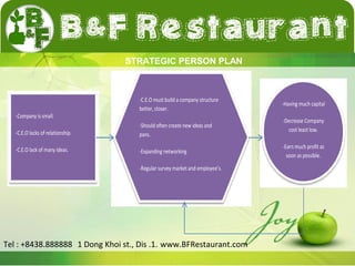 STRATEGIC PERSON PLAN 
-Company is small. 
-C.E.O lacks of relationship. 
-C.E.O lack of many ideas. 
-C.E.O must build a company structure 
better, closer. 
-Should often create new ideas and 
pans. 
-Expanding networking 
-Regular survey market and employee’s. 
Tel : +8438.888888 1 Dong Khoi st., Dis .1. www.BFRestaurant.com 
-Having much capital 
-Decrease Company 
cost least low. 
-Earn much profit as 
soon as possible. 
 