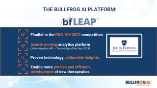 THE BULLFROG AI PLATFORM:
Award-winning analytics platform
(Johns Hopkins APL – Technology of the Year 2018)
Proven technology, actionable insights
Enable more precise and efficient
development of new therapeutics
6
Finalist in the R&D 100 2023 competition
 