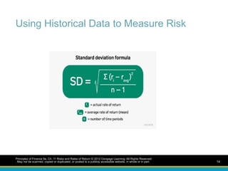 Principles of Finance 5e, Ch. 11 Risks and Rates of Return © 2012 Cengage Learning. All Rights Reserved
. May not be scanned, copied or duplicated, or posted to a publicly accessible website, in whole or in part. 14
Using Historical Data to Measure Risk
 