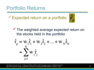 Portfolio Returns
Expected return on a portfolio
 The weighted average expected return on
the stocks held in the portfolio
Principles of Finance 5e, Ch. 11 Risks and Rates of Return © 2012 Cengage Learning. All Rights Reserved.
May not be scanned, copied or duplicated, or posted to a publicly accessible website, in whole or in part. 20
 